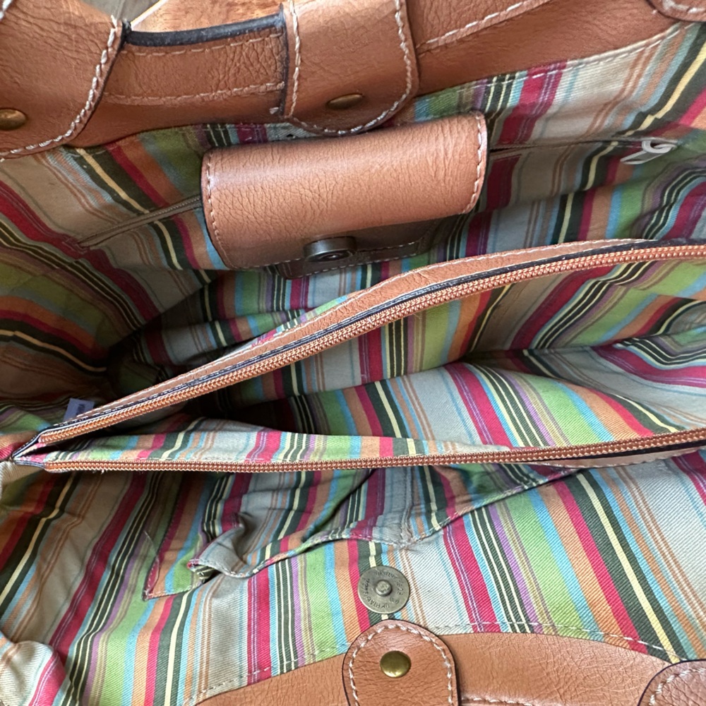 Coastal Boho Vintage Fossil Brown Leather & Floral-Embroidered Straw SatchelBag - Picture 10 of 15